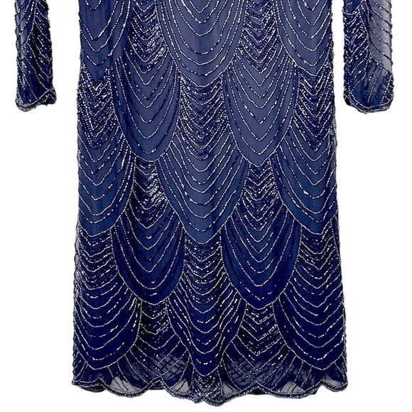 PISARRO NIGHTS BLUE ART DECO SCALLOP BEADED SHEER SLEEVE COCKTAIL SHEATH DRESS - Picture 8 of 16